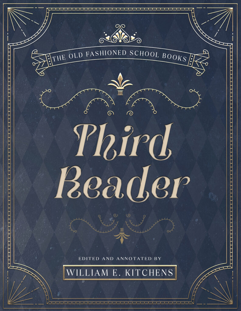 Third Reader cover - dark blue with tan frame.